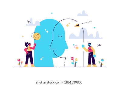 Psychology study about human mental emotion and feelings of tiny people concept. Abstract head, mind and brain as thinking description and psychiatry diagnosis vector illustration. Inner world healthcare