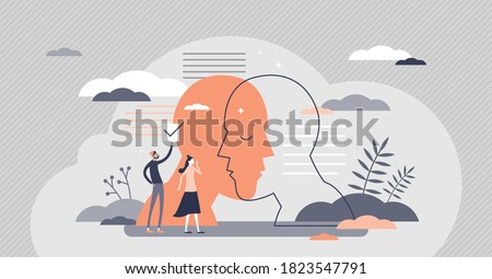 Psychology study about human mental emotion and feelings tiny person concept. Abstract head, mind and brain as thinking description and psychiatry diagnosis vector illustration. Inner world healthcare