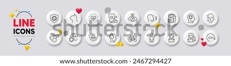 Psychology, Sunscreen and Capsule pill line icons. White buttons 3d icons. Pack of Umbrella, Pets care, Stress icon. Coronavirus, Bicycle lockers, People vaccination pictogram. Vector