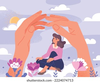 Psychology support concept. Woman sits on cloud next to big hands. Psychology and mental health, awareness and mindfulness. Support and love, optimism and positivity. Cartoon flat vector illustration