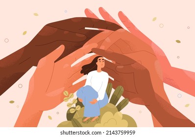 Psychology Support For Person Concept. Hands Helping, Caring About Womans Mental Health. Social Aid, Assistance, Solidarity From Charitable Community, Supportive Society. Flat Vector Illustration