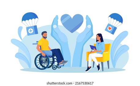 Psychology support for person in wheelchair. Woman caring about man mental health. Social aid and assistance. Solidarity from charitable community, supportive society. Supporting man with disability svg