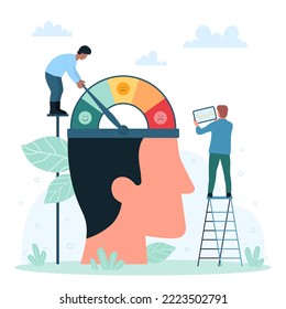 Psychology, tension management and control of emotional overload, overexertion vector illustration. Cartoon tiny people measure stress level on speedometer with scales and arrow in brain of human head