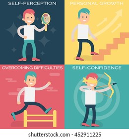 Psychology terms illustrations for achieving success in life and business. Confident person setting personal and professional goals, working over them and overcoming difficulties.