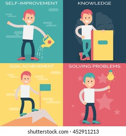 Psychology terms illustrations for self-improvement and personal growth. Person working over personal growth and improvement, gaining new knowledge, solving problems and achieving goals.