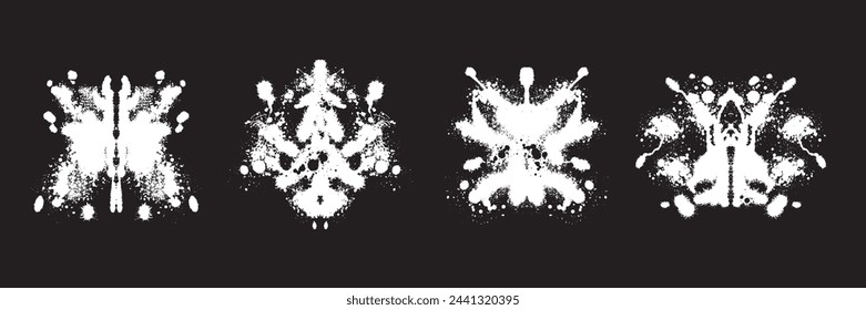 Psychology test ink blot, vector abstract symmetric splash set, emotion psychologist experiment. Graffiti retro futuristic spray effect print, psycho personality interpretation sign. Psychology test