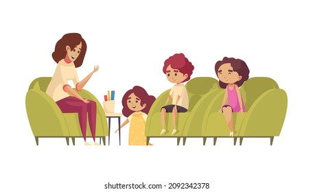 Psychology therapy composition with character of female psychologist and group of kids vector illustration