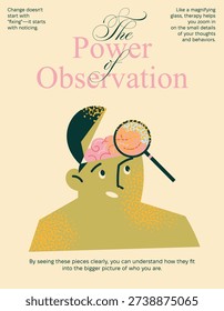 Psychology Therapy Concept Vector Illustration Featuring a Magnifying Glass over Brain for Mental Health Awareness, Self Observation, Mindful Analysis, Brain Health and Wellness Coaching Banner