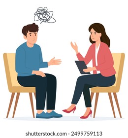 Psychology therapy counseling. Psychologist talking with patient. Man with stress, depression or mental problem.Vector illustration.