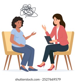 Psychology therapy counseling. Psychologist talking with pregnant woman. Woman with stress, depression or mental problem.Vector illustration.