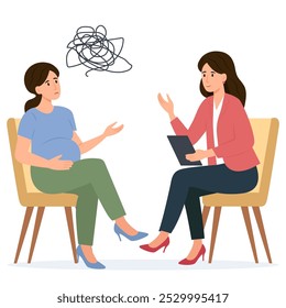 Psychology therapy counseling. Psychologist talking with pregnant woman. Woman with stress, depression or mental problem.Vector illustration.