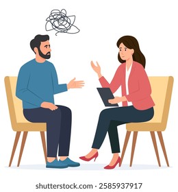 Psychology therapy counseling. Psychologist talking with patient. Man with stress, depression or mental problem.Vector illustration.