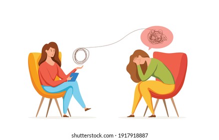 Psychology therapy counseling vector concept. Cartoon illustration of psychotherapy practice therapy session woman sitting and talking with patient with stress, depression or mental problem. 