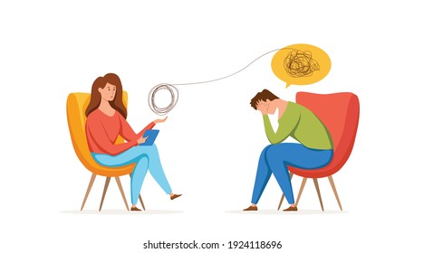 Psychology therapy counseling vector concept. Cartoon illustration of psychotherapy practice therapy session woman sitting and talking with patient with stress, depression or mental problem. 