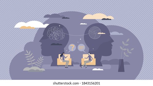 Psychology therapy doctor session with confused patient tiny person concept. Mental health care about feelings, emotions and talking about frustration, stress and depression help vector illustration. - Shutterstock ID 1843156201