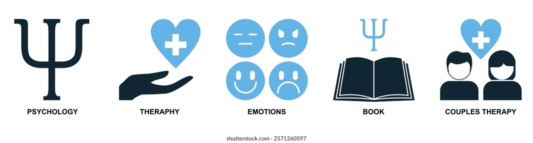 Psychology Therapy Icon Vector Set - Emotions, Couple Therapy, Mental Health Support, Psi Symbol, Healing Book, Flat Design Illustration for Wellness, Counseling, and Mental Care in Modern Style