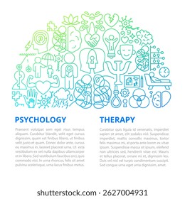 Plantilla de línea de psicoterapia. Vector Delgado Contorno Símbolos Lineales De Salud Mental. Diseño del Mes de Bienestar y Concienciación.  Objetos sobre fondo blanco.