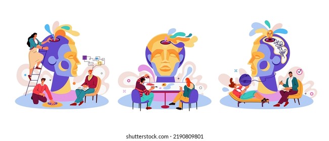 Psychology Therapy. Mental Health. Psychotherapy Consultation. Online Psychologist Or Psychiatrist Support. Professional Psychological Treatment. Creative Group Session. Vector Cartoon Concepts Set