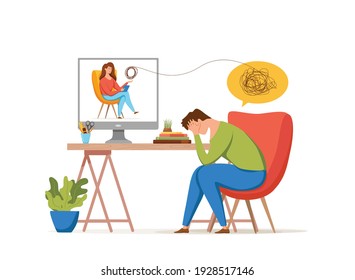 Psychology therapy online counseling vector concept. Cartoon illustration of psychotherapy practice therapy session woman sitting and talking with patient with stress, depression or mental problem. 