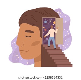 Psychology therapy with professional help, isolated mental health care. Isolated head with door and stairs to subconscious of person. Vector in flat style