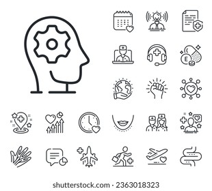 Signo de terapia psicológica. Iconos en línea del esquema médico, paciente y medico. Icono de línea de trabajo del cerebro. Símbolo de salud mental. Signo de línea de trabajo del cerebro. Venas, nervios e ícono de procedimiento cosmético. Vector