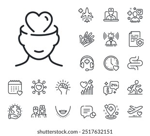 Sinal de terapia psicológica. Ícones de descrição médica, paciente e medicina on-line. Ícone de linha de saúde mental. Símbolo de amor e cuidado. Sinal de linha de saúde mental. Ícone de veias, nervos e procedimento cosmético. Vetor