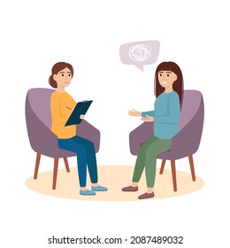 Psychology therapy. Woman sitting and talking to psychologist. Psychotherapy concept, vector illustration