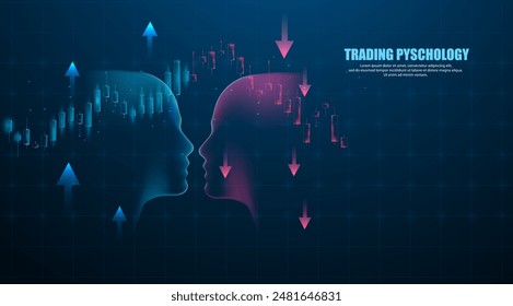 Psychology trading concept. two head conditions calm and angry, candle bear and bull. digital tech background