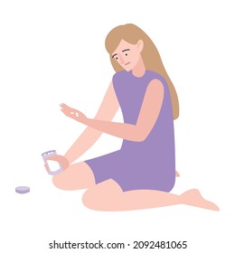 Psychology trauma flat composition with depressed woman taking antidepressant pills on blank background vector illustration