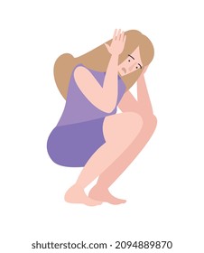 Psychology trauma flat composition with depressed female character clutching head on blank background vector illustration