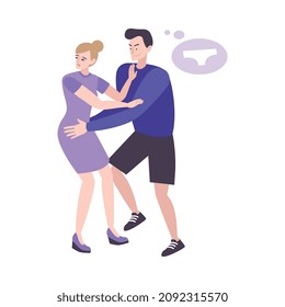 Composición plana del trauma psicológico con el hombre que abusa sexualmente de la mujer en la ilustración vectorial de fondo en blanco