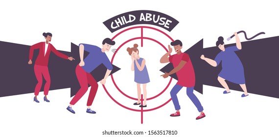 Psychology trauma kid flat composition with doodle style human characters of teenagers and shouting adult people vector illustration