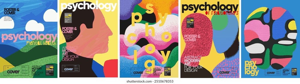 Psychology. Vector abstract modern illustration of psychology of relationship, mental health, nature, landscape, human, art,  brain, mind and pattern for background, poster or cover