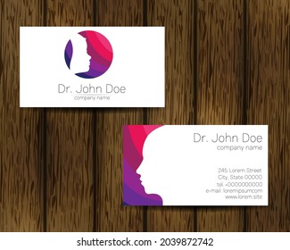 Psychology Vector Business Card Kid Human Head Modern Logo On Tree Background In Creative Style. Child Profile Silhouette Design Concept. Brand Company. Vsiting Personal Set Of Visit Cards