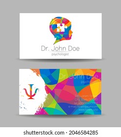 Psychology Vector Business Visit Card With Letter Psi Psy And Human Head In Profile. Modern Logo Creative Colorful Rainbow Style. Child Silhouette Design Concept For Branding Identity