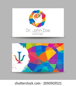 Psychology Vector Business Visit Card With Letter Psi Psy And Human Head In Profile. Modern Logo Creative Colorful Rainbow Style. Child Silhouette Design Concept For Branding Identity