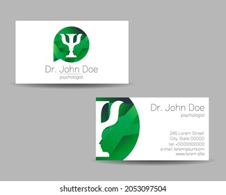 Psychology Vector Business Visit Card with Letter Psi Psy in Green Color. Modern logo Creative style. Human Head Profile Silhouette Design concept. Branding company