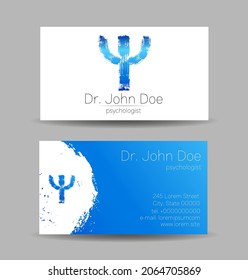 Psychology Vector Business Visit Card with Letter Psi Psy in Blue Color. Modern logo Creative style. Human Head Profile Silhouette Design concept. Branding company