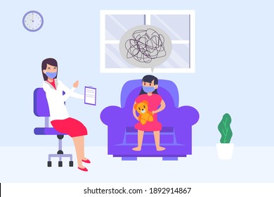 Psychology vector concept: Female psychiatrist doing treatment to little girl in her room while showing something in the paper