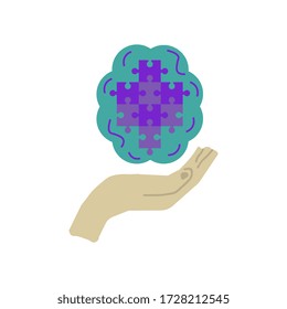 Psychology vector icon, hand with brain and puzzle element