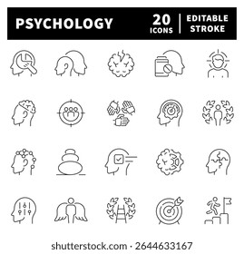 Ícones vetoriais de psicologia. Conjunto de ícones de linha fina relacionado à psicologia e psicoterapia. Psicologia e símbolos mentais