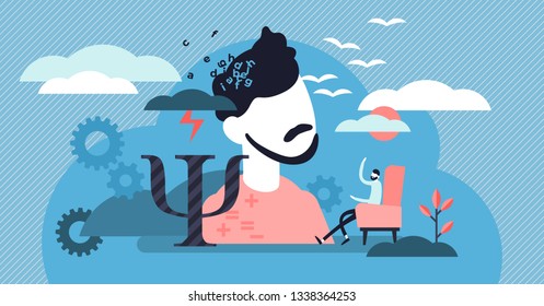 Psychology vector illustration. Flat tiny mental therapy persons concept. Medical social study to help depression, stress or fear. Communication to find problem solution in thinking control sessions.