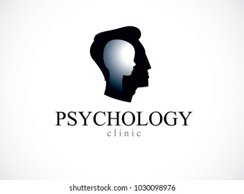 Psychology vector logo created with man head profile and little child boy inside, inner child concept, origin of human individuality and psychic problems. Psychotherapy and psychoanalysis concept.