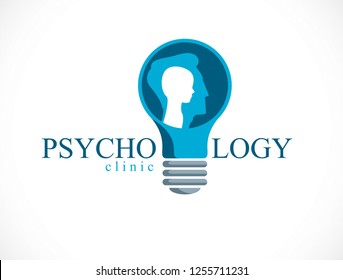 Psychology vector logo created with man head profile and little child boy inside the idea light bulb, inner child concept, origin of human individuality and psychic problems. Therapy and analysis.