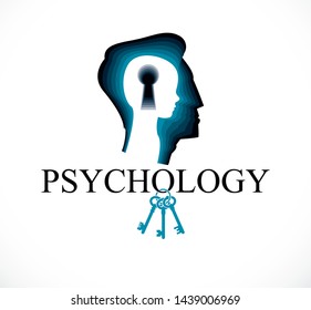 Psychology vector logo created with man head profile and little child boy inside with keyhole, inner child as a key to human individuality and psychic problems concept. Therapy and analysis concept.