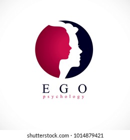 Psychology Vector Logo Created With Woman Head Profile And Little Child Girl Inside, Inner Child Concept, Origin Of Human Individuality And Psychic Problems. Psychotherapy And Psychoanalysis Concept.