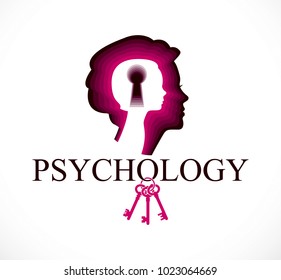 Psychology Vector Logo Created With Woman Head Profile And Little Child Girl Inside With Keyhole, Inner Child, A Key To Human Individuality And Psychic Problems Concept. Therapy And Analysis Concept.