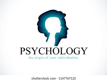 Psychology Vector Logo Created With Woman Head Profile And Little Child Girl Inside, Inner Child Concept, Origin Of Human Individuality And Psychic Problems. Psychotherapy And Psychoanalysis Concept.