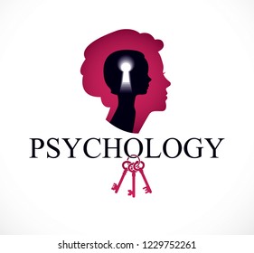 Psychology vector logo created with woman head profile and little child girl inside with keyhole, inner child, a key to human individuality and psychic problems concept. Therapy and analysis concept.