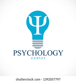 Psychology vector logo or icon with ancient Greek Psi symbol inside of idea light bulb.